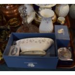 A Tray Containing Wedgwood April Flowers, Royal Worcester Flower Fairies and a Ships Decanter