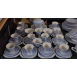 A Palissy Art Deco Blue and White Tea Set to Comprise Twelve Trios, Teapot, Two Sugar Bowls, Cream