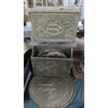 Two Brass Slipper Boxes, Magazine Rack and Plaques