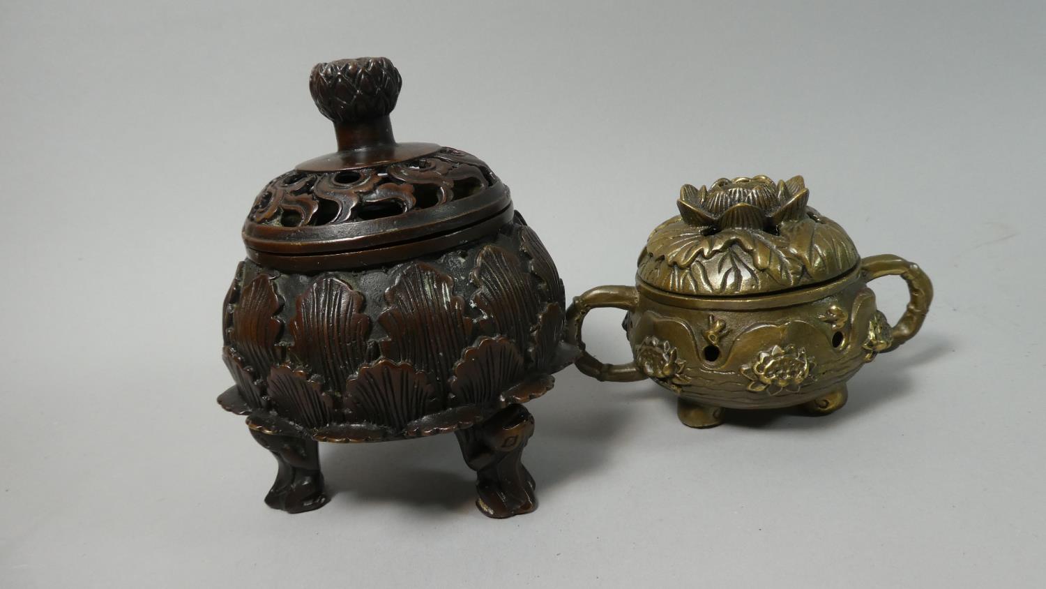 Two Reproduction Chinese Bronze Censers with Pierced Lids, The Tallest 14cm