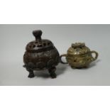 Two Reproduction Chinese Bronze Censers with Pierced Lids, The Tallest 14cm