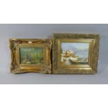 Two Ornate Gilt Framed Small Prints on Textured Board, Winter Scenes