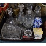 A Tray Containing Four Glass Decanters, Glass Cheese Dish, Ceramic Preserve Pot and Vase etc