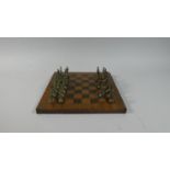 A Miniature Chess Board and Pieces with Metal Greek God Pieces, Board 25cm Square