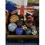 A Wooden Gilt Decorated Stand with Base Drawer, Collection of Reproduction Balls and a Union Jack