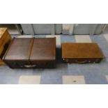 A Vintage Canvas Covered Travelling Trunk and a Vintage Picnic Case with Folding Legs