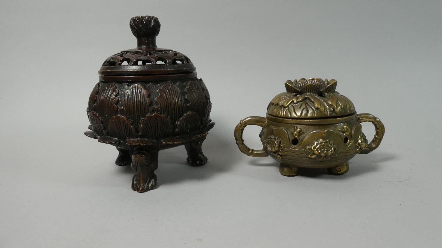Two Reproduction Chinese Bronze Censers with Pierced Lids, The Tallest 14cm - Image 2 of 6