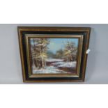 A Framed Oil on Canvas Depicting Winter Woodland Pool, 24cm Wide