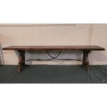 A Long Mid 20th Century Bench with Wrought Iron Stretcher, 180cm Long (Wood Worm)