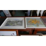 A Framed Still Life on Board, Marigolds Together with a Framed Water Colour, Welsh Mountain Farm