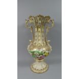 A Large Two Handled Vase with Handpainted Castle Scene and Punch of Flowers, Pierced Neck, 45cm High