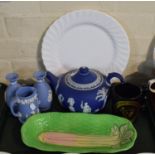 A Tray Containing Wedgwood Blue and White Jasperware to Include Teapot, Beswick Rhubarb Dish (Chip