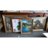 A Collection of Two Large Gilt Framed Oils, Sporting Painting Board and a Tavern Print