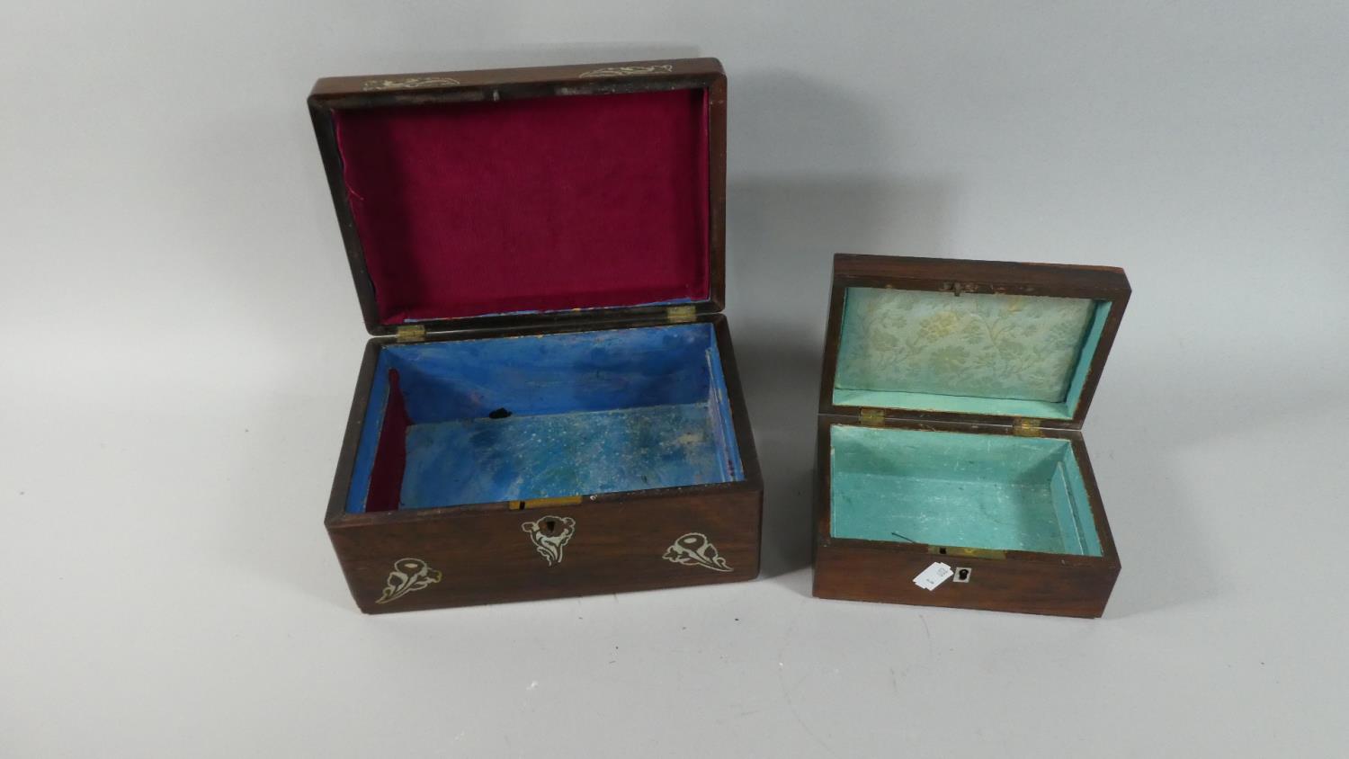 A Small Mother of Pearl Inlaid Rosewood Work Box and a Larger Oak Example - Image 2 of 2