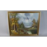A Gilt Framed Oil on Canvas Depicting Alpine Scene, 50cm Wide