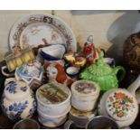 A Tray Containing Gentleman Relish Pots, Novelty Teapots, Ginger Jars, Turkey Plate, Character Jug