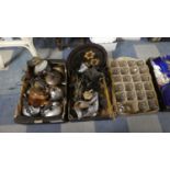 Three Boxes Containing Copper and Chrome Kettles, Oil Lamps, Horse Bits, Bath Feet, Guinness Pint