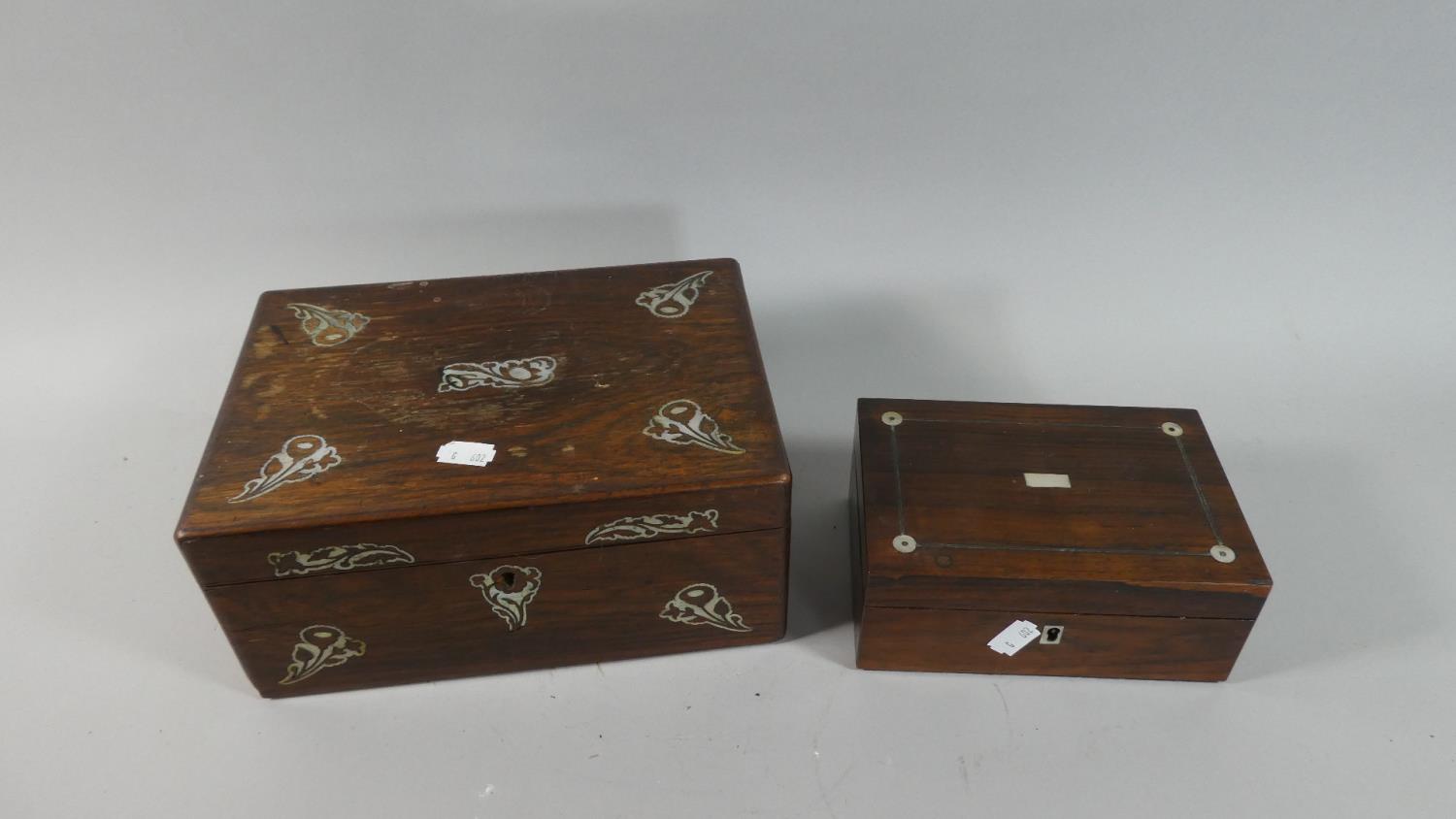 A Small Mother of Pearl Inlaid Rosewood Work Box and a Larger Oak Example