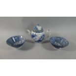An Early Blue and White Teapot Decorated with Oriental Pagoda Landscape (AF) Together with Two