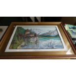 A Large Framed Water Colour Depicting the Castle of Chillon, 75cm Wide