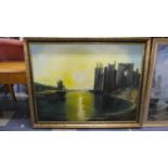 A Large Reproduction Oil on Board Depicting Castle and Harbour Pool, 120cm Wide