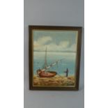 A Framed Oil on Canvas Depicting Figure Beside Fishing Boat on Beach, 34cm High