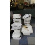 A Large Quantity of Vintage White Enamelled Wares to Include Bread Bins, Bowls, Trays, Buckets etc