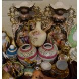 A Tray of Decorated Continental China to Include Vases, Jugs, Part Coffee Set, Pierced Basket etc