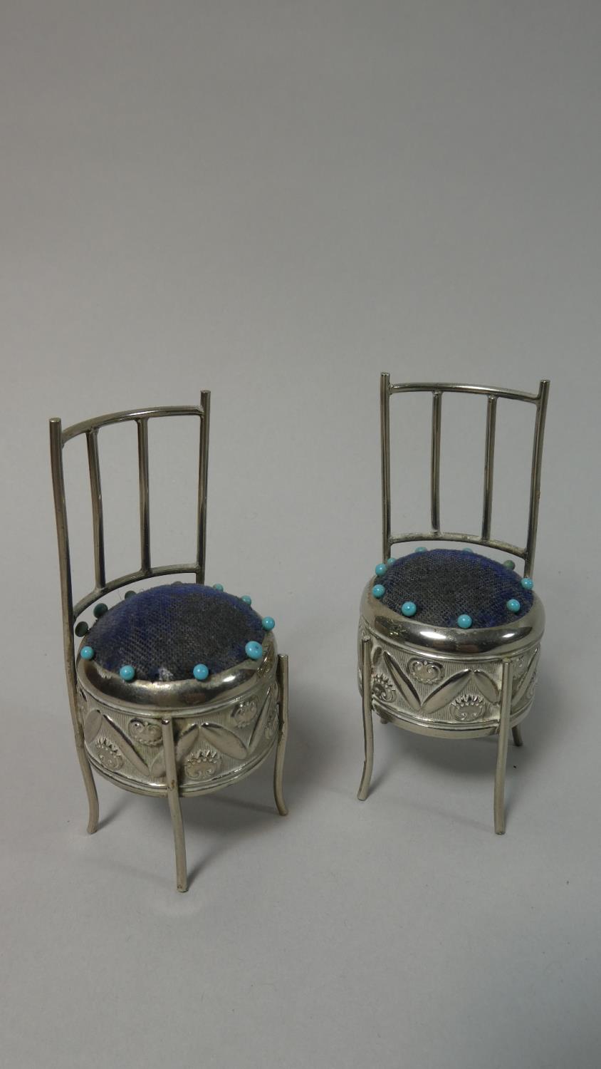 A Pair of Novelty Silver Plated Pin Cushions in the Form of Chairs, 8.5cm High