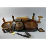 A Tray of Treenware to Include Fruit Bowls, Candle Sticks, Photo Frame, Table Lamp etc