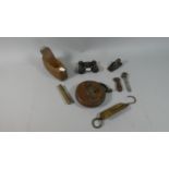 A Small Collection of Vintage Tools Including Thumb Plane, Tape Measure, Spring Balance Etc