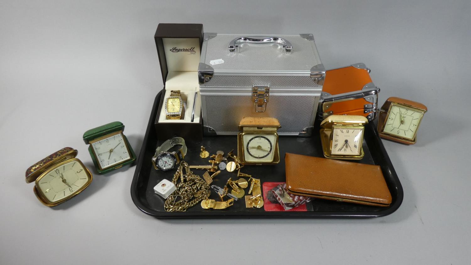 A Tray Containing Various Alarm Clock, Two Wrist Watches, Costume Jewellery, Boxes etc