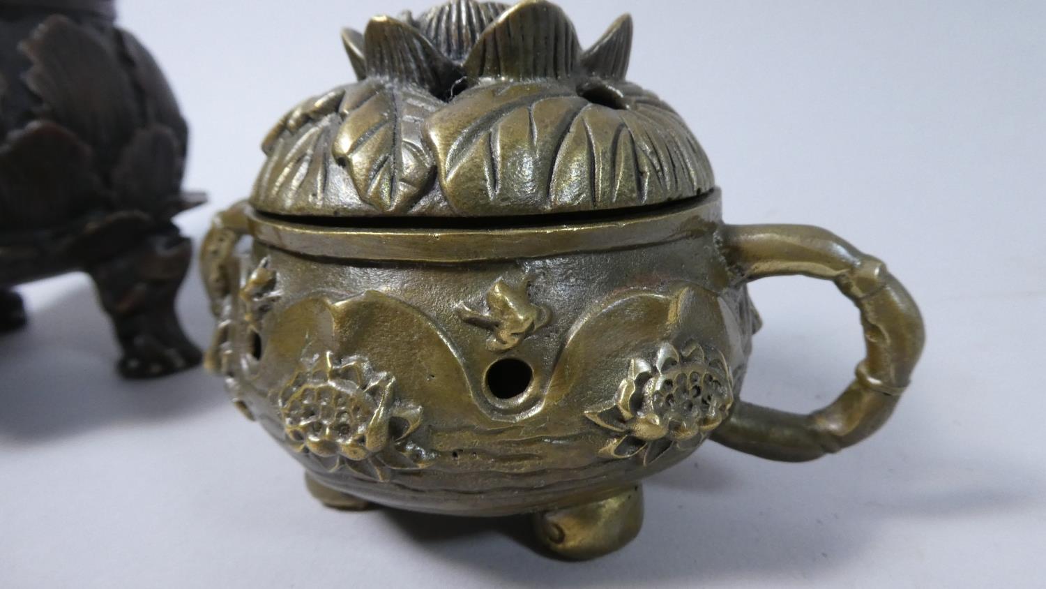 Two Reproduction Chinese Bronze Censers with Pierced Lids, The Tallest 14cm - Image 3 of 6