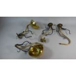 A Set of Four Brass and Iron Wall Light Fittings Two with Bowl Shaped Shades