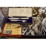 A Tray Containing Boxed and Loose Silver Plated Cutlery, Ladles, Kings Pattern and Bone Handled