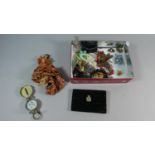 A Tin Containing Souvenir Spanish Doll, Costume Jewellery, Compass etc