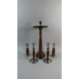 Two Pair of Chrome and Wooden Candle Sticks and a Turned Wooden Stand