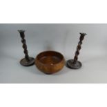 A Turned Wooden Fruit Bowl and Pair of Barley Twist Oak Candle Sticks, 30cm high