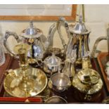 A Tray of Silver Plate and Brass to Include Four Piece Teaservice, Bed Chamber Stick, Kettle