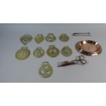 A Collection of Nine Various Horse Brasses Together with Copper Candle Snuffer, Oval Dish and