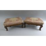 A Pair of 19th Century French Footstools with Silk Upholstery and Scrolled Feet to Walnut Frames.