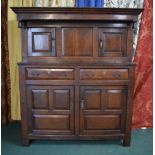 An Early Oak Welsh Deuddarn with Panelled Doors to Base Cupboard, Two Centre Drawers and Raised