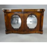 A Victorian Burr Walnut Serpentine Front Credenza Base with Two Doors having Oval Mirrors and Carved