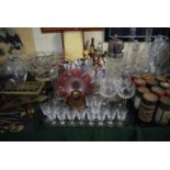 A Collection of Various Glassware to Include Large Silver Plate Topped Claret Jug, Wines,