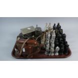 A Tray Containing Vintage Leather Cased Camera, Resin Roman Style Chess Pieces, Silver Plated