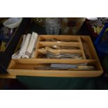 A Wooden Knife Box Containing Silver Plated Cutlery, Napkins etc