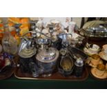 A Tray of Silver Plate, Stainless Steel and Pewter Wares to Include Tea Set, Candelabras, Jugs,