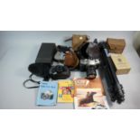 A Box of Photographic Equipment to Include Vintage Cameras, Tripod, Box Camera, Canon ES50E etc