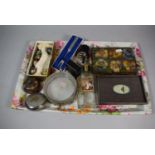 A Tray of Curios to Include Hand Painted Decorated Russian Eggs, Preserve Pot, Pewter Fork,