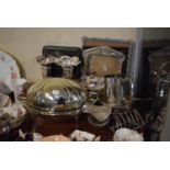 A Tray of Silver Plate to Include Oval Breakfast Kidney Dish, Pair of Trumpet Vases, Photoframes,